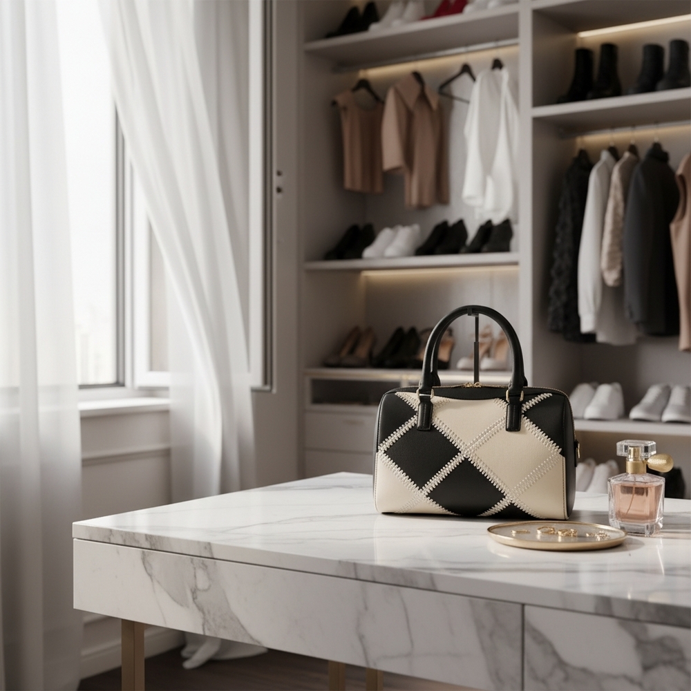 Genuine Leather Black and White Handbag